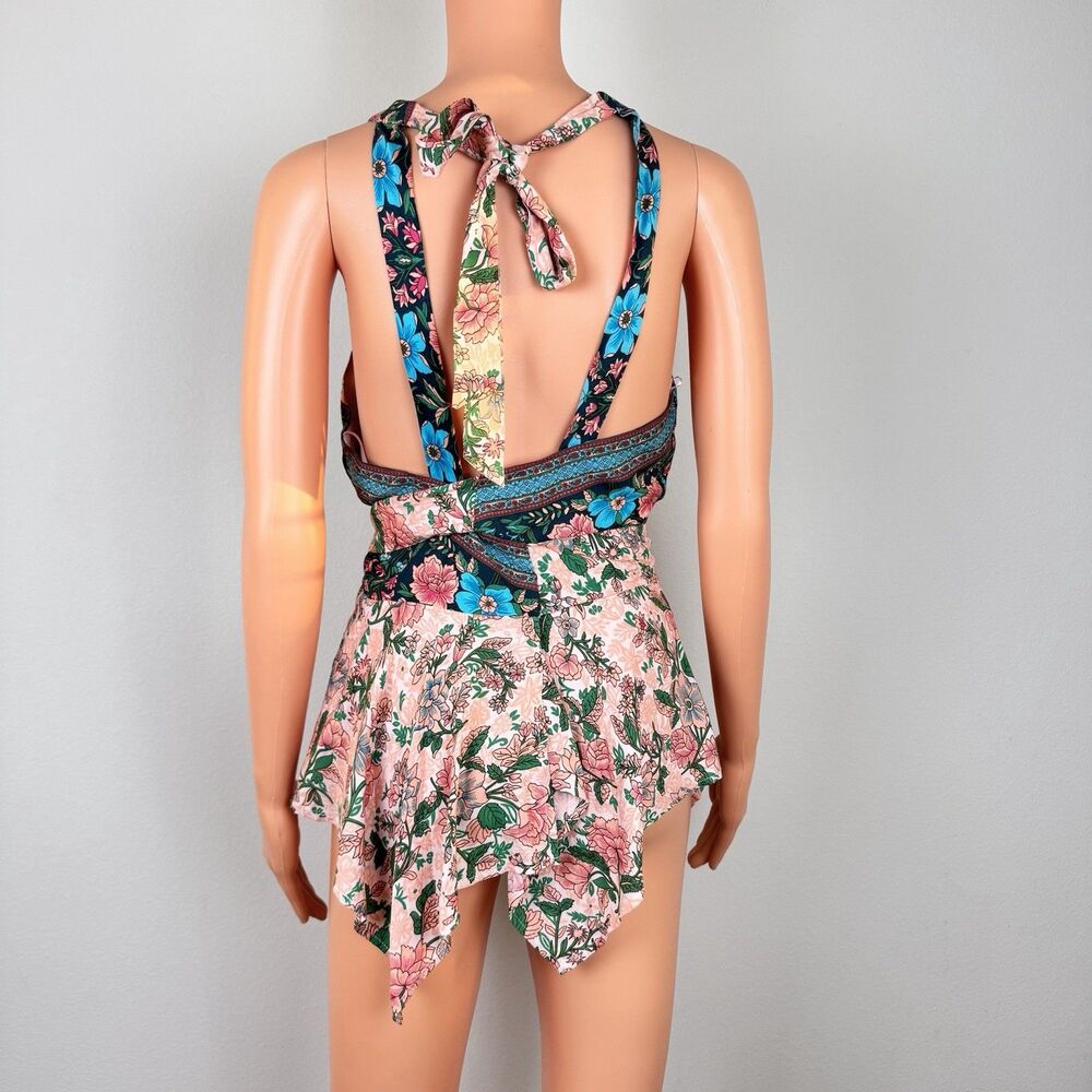 Lulumari Halter Floral Handkerchief Top Boho Festival Backless Lined Sz L - Picture 2 of 7